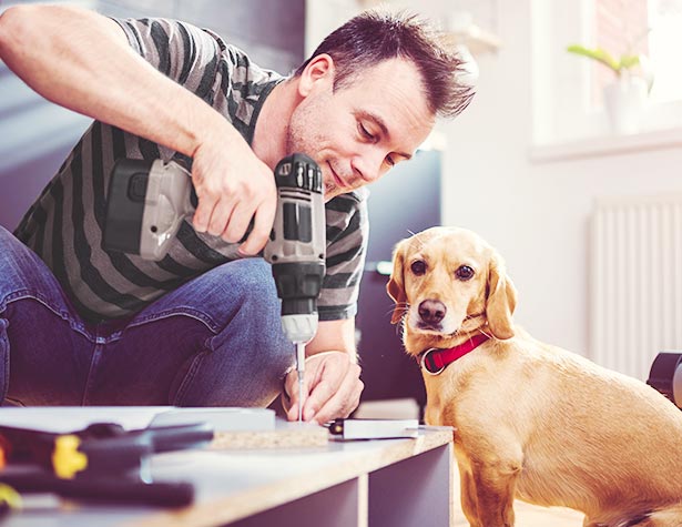 Man drilling nail into piece of wood while dog watches 2